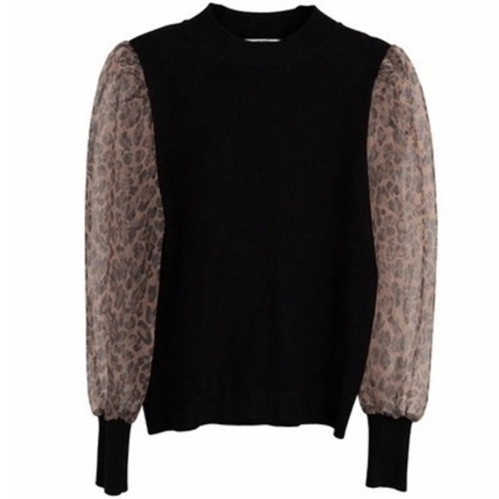 Sioni Leopard Sheer Sleeve Sweater Large Black Balloon Sleeve Mob Wife $88